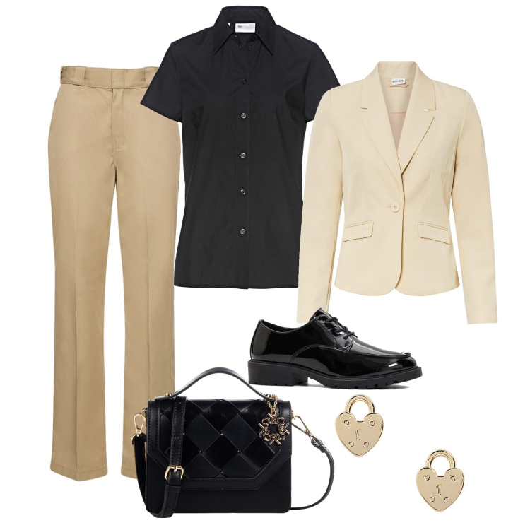 Outfit donna - Ufficio tra una festa e l’altra. Stile Glamour per Ufficio. Abbinamento con blazer, camicie a manica corta, scarpe stringate, borse a tracolla, orecchini, pantaloni.