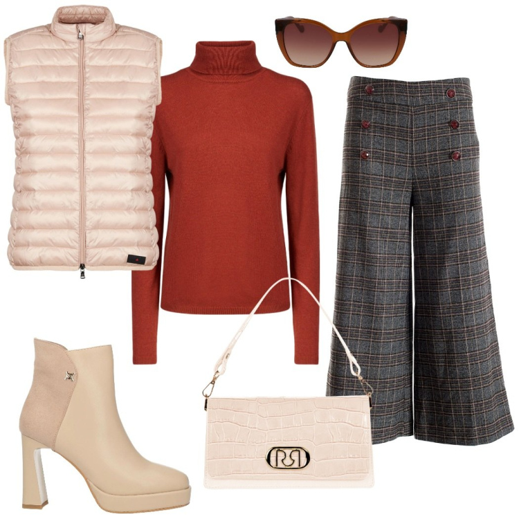 Outfit donna - Destinazione mostra d\'arte. Stile Urban per Tutti i giorni. Abbinamento con stivaletti, borse a tracolla, pantaloni culotte, piumini, maglieria, occhiali da sole.
