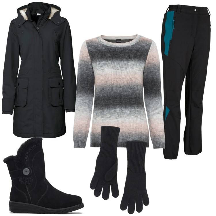 Outfit donna - Ciaspolando. Stile Sporty chic per Sport. Abbinamento con parka, maglieria, stivali, pantaloni, guanti.