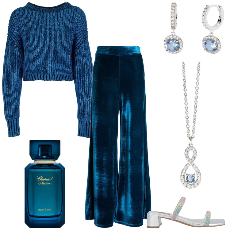Outfit donna - Giorni di festa. Stile Glamour per Tutti i giorni. Abbinamento con sandali in pelle, profumi, ciondoli, orecchini, pantaloni a palazzo, maglieria.
