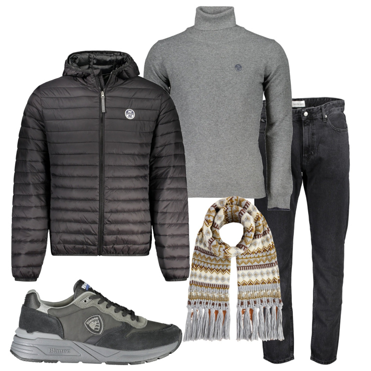 Outfit uomo - In città. Stile Urban per Tutti i giorni. Abbinamento con sciarpe, giacche, maglieria, sneakers, jeans.