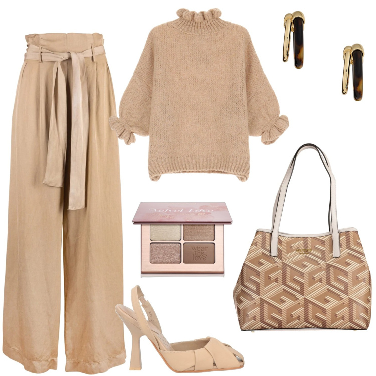 Outfit donna - Giorni di festa. Stile Casual chic per Tutti i giorni. Abbinamento con décolleté, ombretti, maglieria, pantaloni a palazzo, orecchini, borse a spalla.