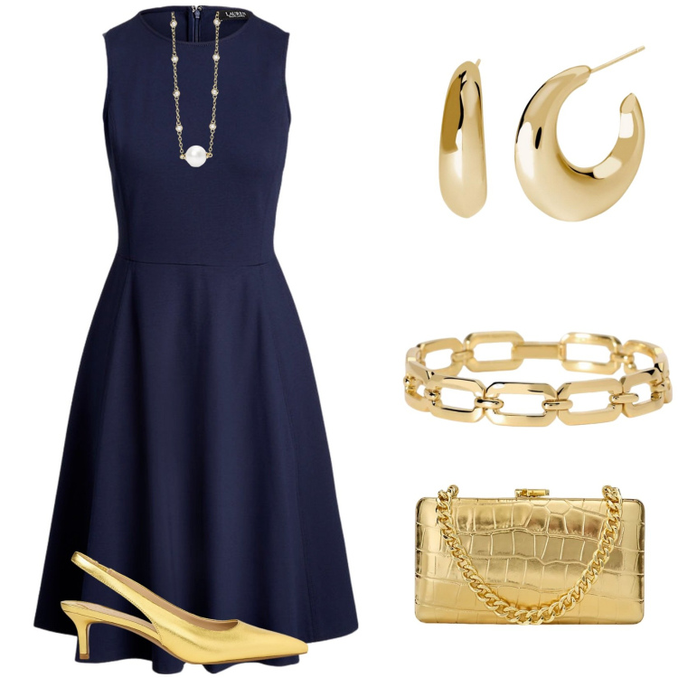 Outfit donna - Total look #2027162. Stile Bon Ton per Serata fuori. Abbinamento con collane, braccialetti, orecchini, vestiti senza maniche, décolleté, clutch.