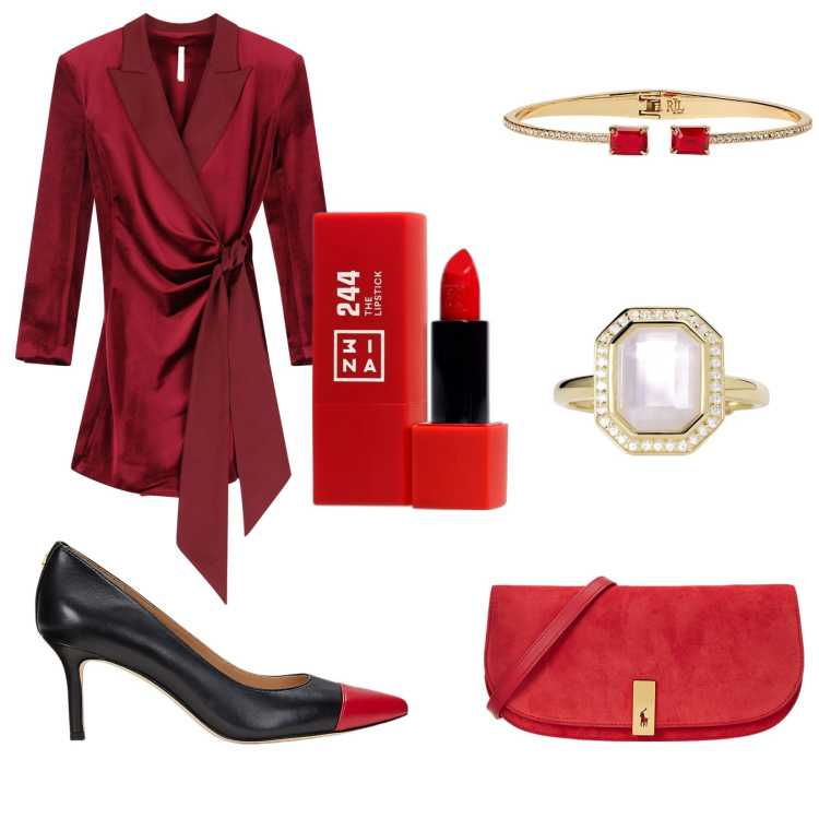 Outfit donna - Total look #2027163. Stile Chic per Serata fuori. Abbinamento con rossetti, anelli, vestiti corti, clutch, braccialetti, décolleté.