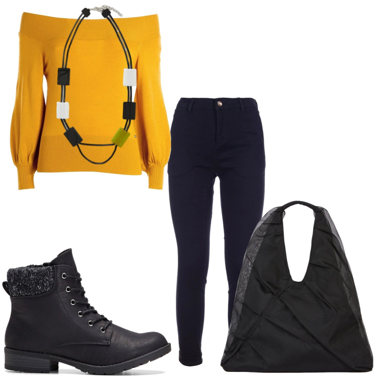 Outfit donna - Il pomeriggio in famiglia. Stile Casual chic per Tutti i giorni. Abbinamento con stivaletti, maglieria, pantaloni, shopping bag, collane.