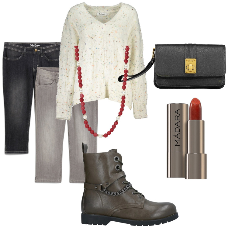 Outfit donna - Total look #2027169. Stile Urban per Tutti i giorni. Abbinamento con jeans, stivaletti, rossetti, collane, maglieria, portafogli.