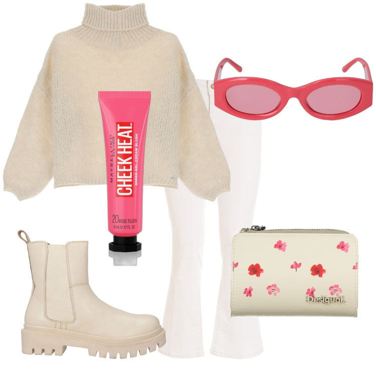Outfit donna - Total look #2027170. Stile Trendy per Tutti i giorni. Abbinamento con stivaletti chelsea, blush, maglieria, jeans, portafogli, occhiali da sole.