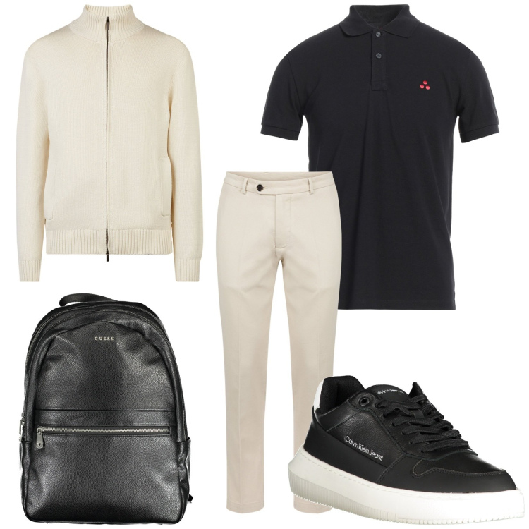 Outfit uomo - Due colori. Stile Trendy per Tutti i giorni. Abbinamento con polo, pantaloni, cardigans, sneakers, borse sportive.