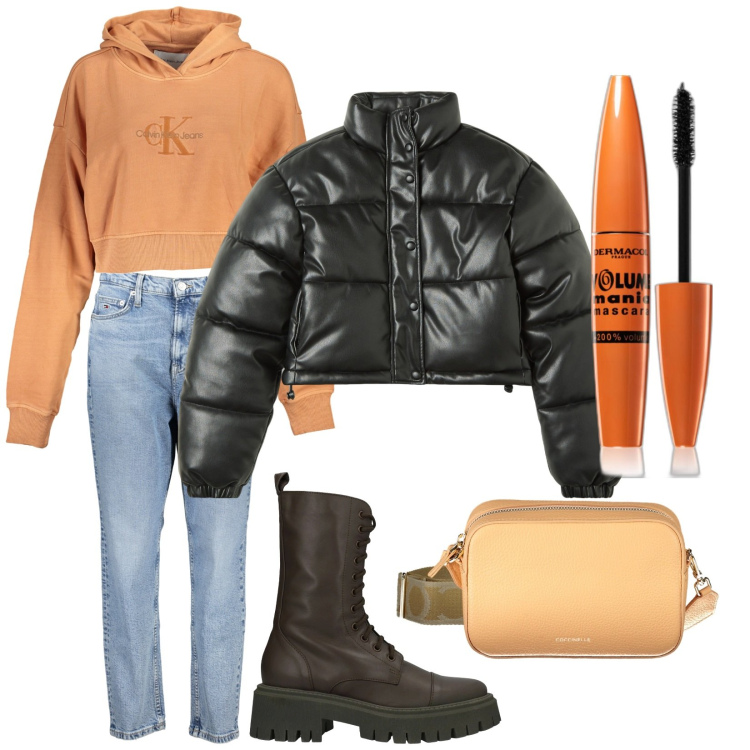 Outfit donna - Total look #2027175. Stile Casual per Tutti i giorni. Abbinamento con stivaletti, mascara, blazer, felpe con cappuccio, borse a tracolla, jeans mom.