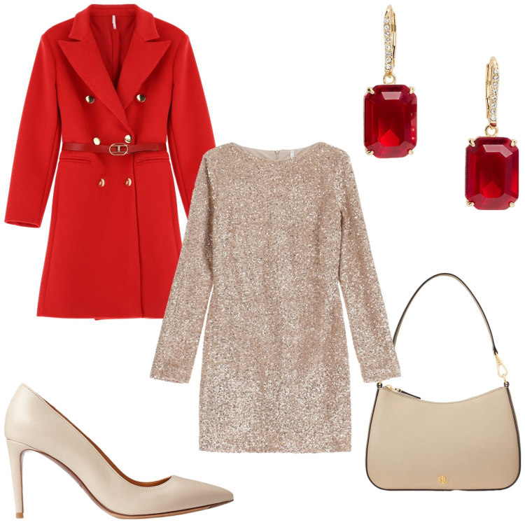 Outfit donna - Rosso e oro. Stile Chic per Serata fuori. Abbinamento con vestiti corti, cappotti, borse a spalla, décolleté, orecchini.