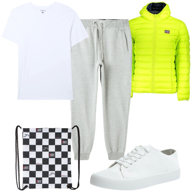 Outfit uomo - Total look #2027188. Stile Trendy per Sport. Abbinamento con borse sportive, sneakers, pantaloni, t-shirt, giacche.