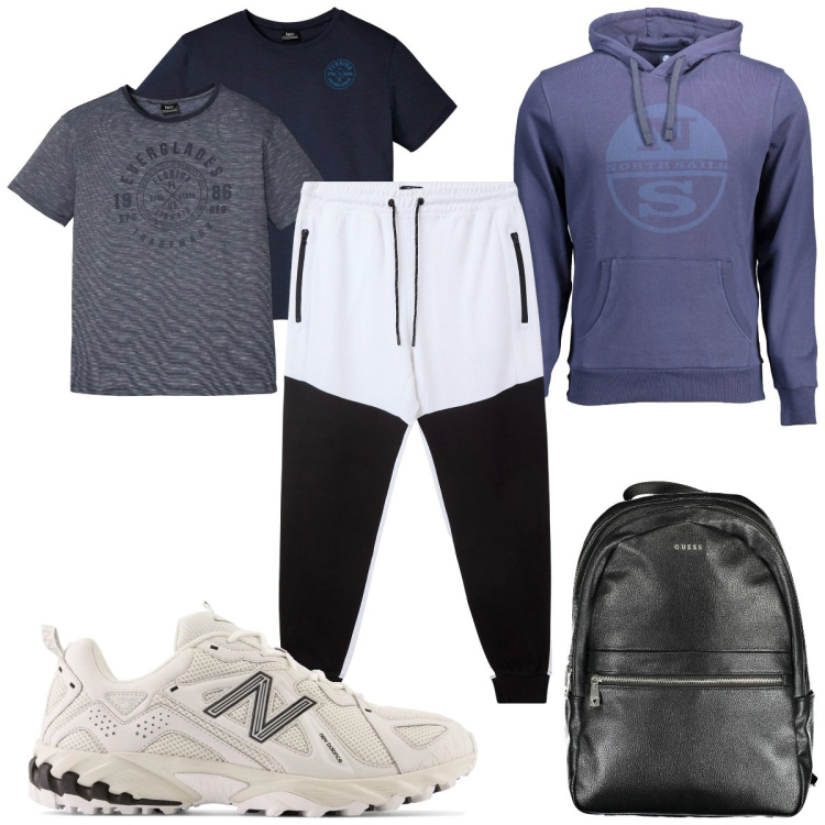 Outfit uomo - Total look #2027189. Stile Trendy per Sport. Abbinamento con t-shirt, pantaloni sportivi, scarpe sportive, borse sportive, felpe con cappuccio.