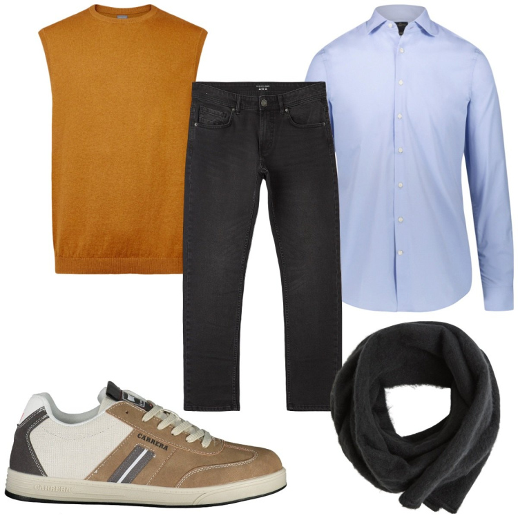 Outfit uomo - Total look #2027194. Stile Casual per Tutti i giorni. Abbinamento con jeans dritti, sciarpe e foulard, gilet, camicie, sneakers.