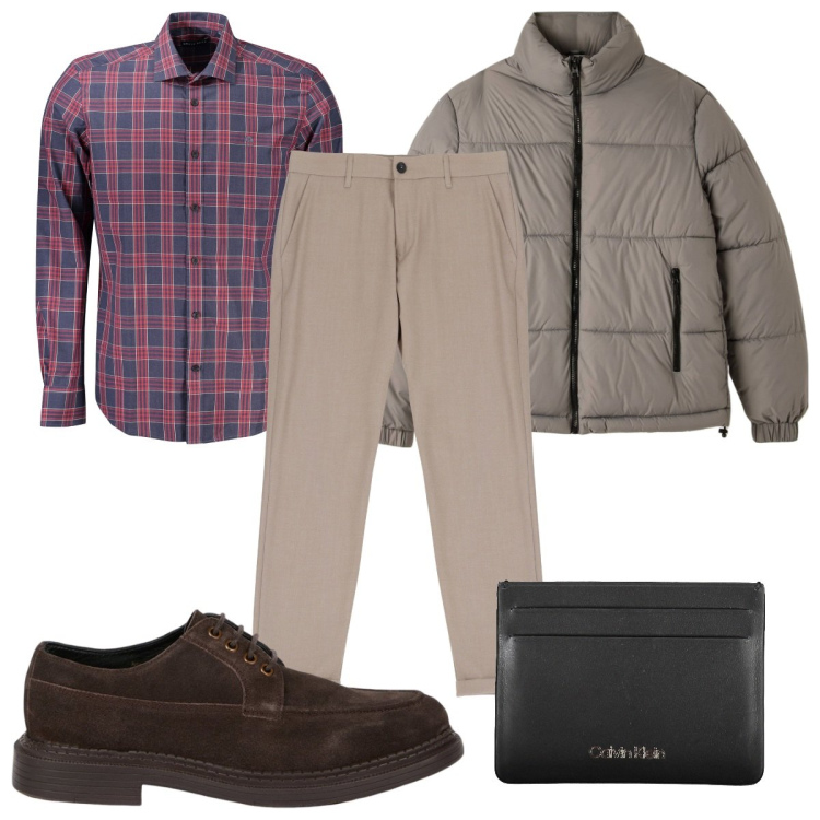 Outfit uomo - Total look #2027203. Stile Casual per Tutti i giorni. Abbinamento con piumini, pantaloni, scarpe stringate, portafogli, camicie.