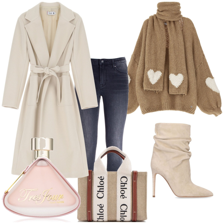 Outfit donna - Il maglione caldo e bello e originale. Stile Glamour per Tutti i giorni. Abbinamento con profumi, cappotti, maglieria, jeans skinny, stivaletti, borse a mano.