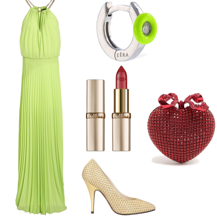 Outfit donna - Capodanno a colori. Stile Glamour per Serata fuori. Abbinamento con vestiti lunghi, décolleté, rossetti, orecchini, pochette.