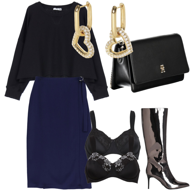 Outfit donna - Che stivali wow. Stile Glamour per Serata fuori. Abbinamento con reggiseni, stivali, orecchini, felpe, gonne longuette, borse a tracolla.