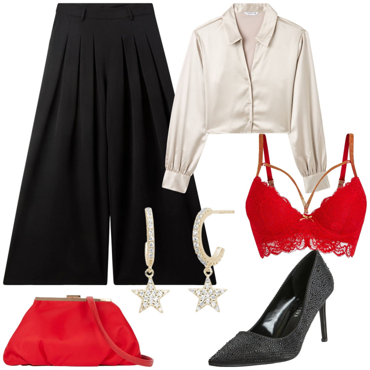 Outfit donna - Happy new year. Stile Chic per Serata fuori. Abbinamento con reggiseni, orecchini, décolleté, camicie, pantaloni a palazzo, pochette.