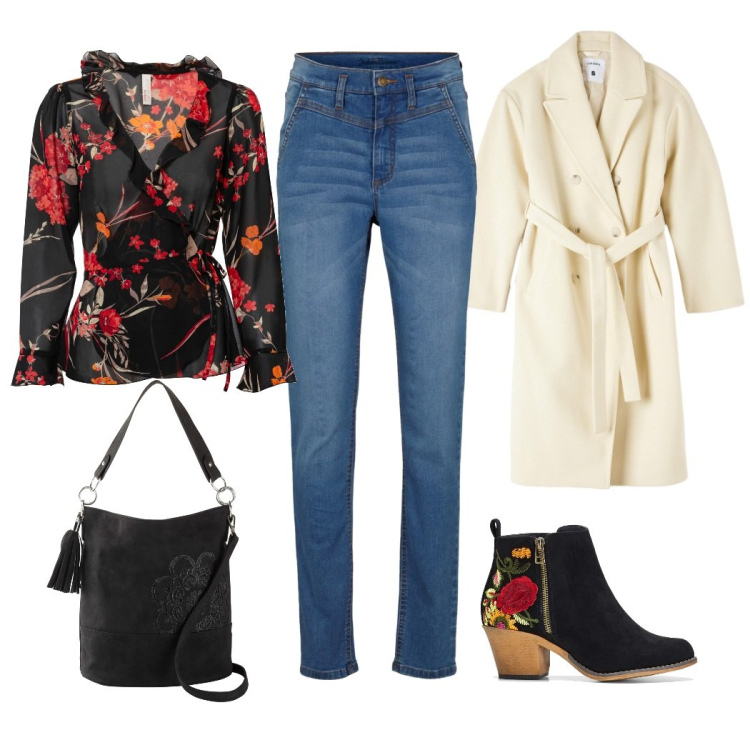 Outfit donna - Passione per i fiori. Stile Casual chic per Tutti i giorni. Abbinamento con stivaletti, borse a mano, bluse, jeans skinny, cappotti.