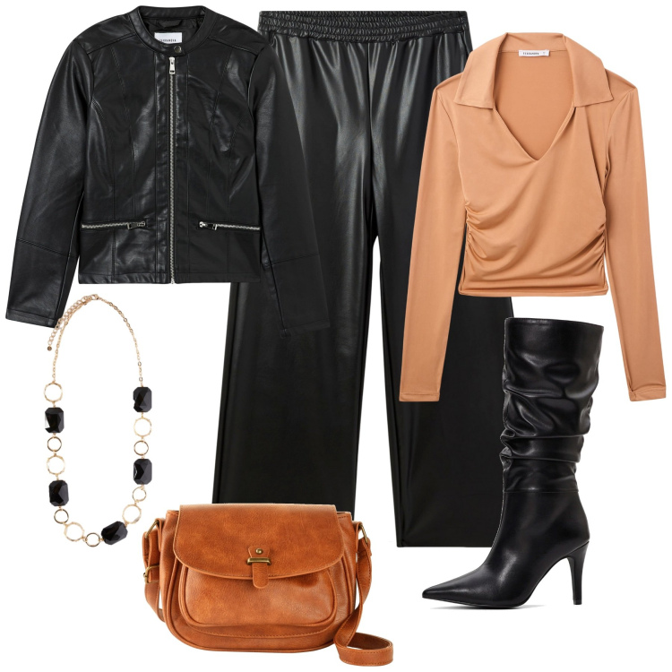 Outfit donna - Ecopelle nera. Stile Rock per Serata fuori. Abbinamento con borse a tracolla, stivali, polo, blazer, pantaloni, collane.