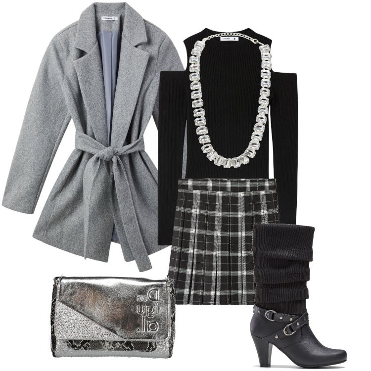 Outfit donna - La minigonna a quadri. Stile Preppy per Serata fuori. Abbinamento con stivali, maglieria, minigonne, cappotti, collane, borse a spalla.