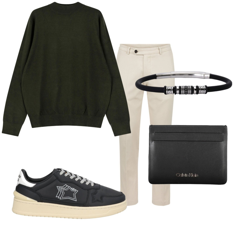 Outfit uomo - Total look #2027226. Stile Trendy per Tutti i giorni. Abbinamento con sneakers, braccialetti, maglieria, pantaloni, portafogli.