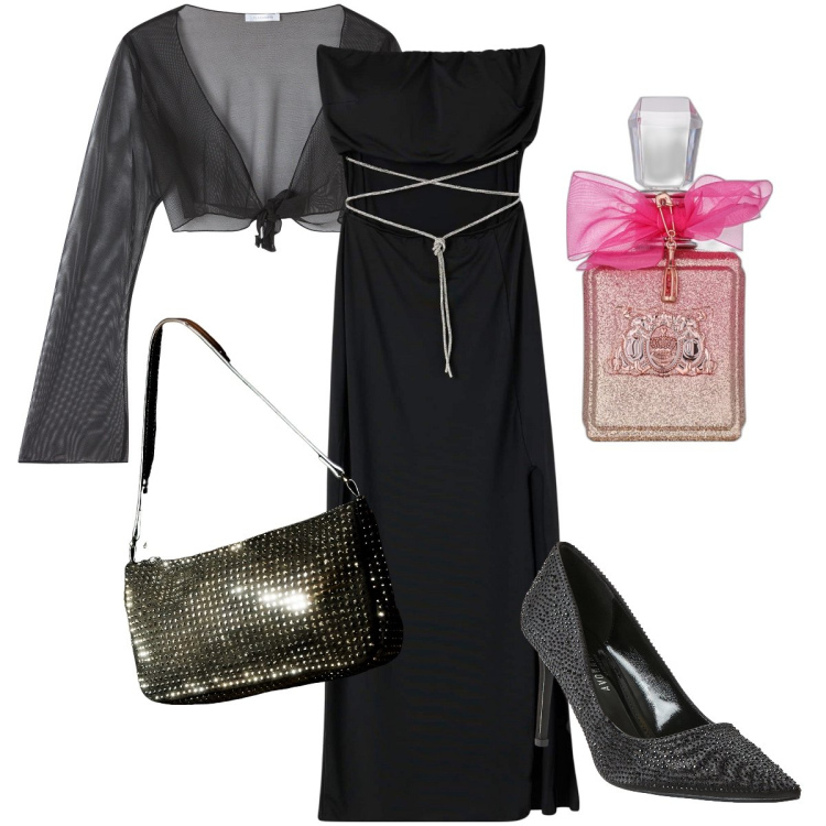Outfit donna - La borsetta luccicante. Stile Glamour per Serata fuori. Abbinamento con décolleté, vestiti lunghi, bolero, borse a spalla, profumi.