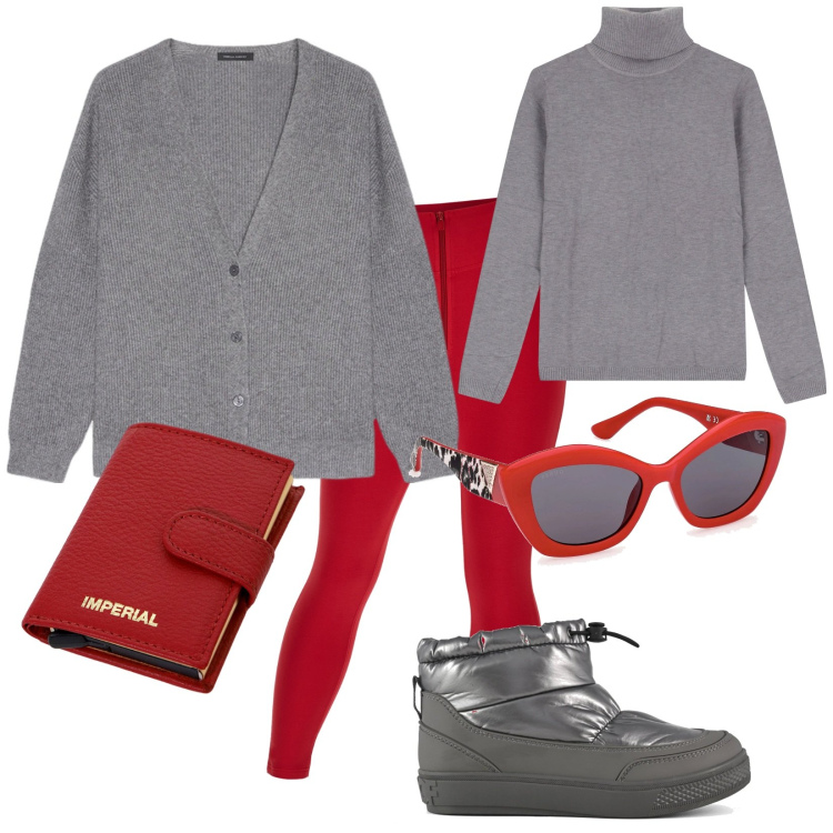 Outfit donna - ReD. Stile Trendy per Tutti i giorni. Abbinamento con maglieria, portafogli, pantaloni skinny, stivaletti, occhiali da sole, cardigans.