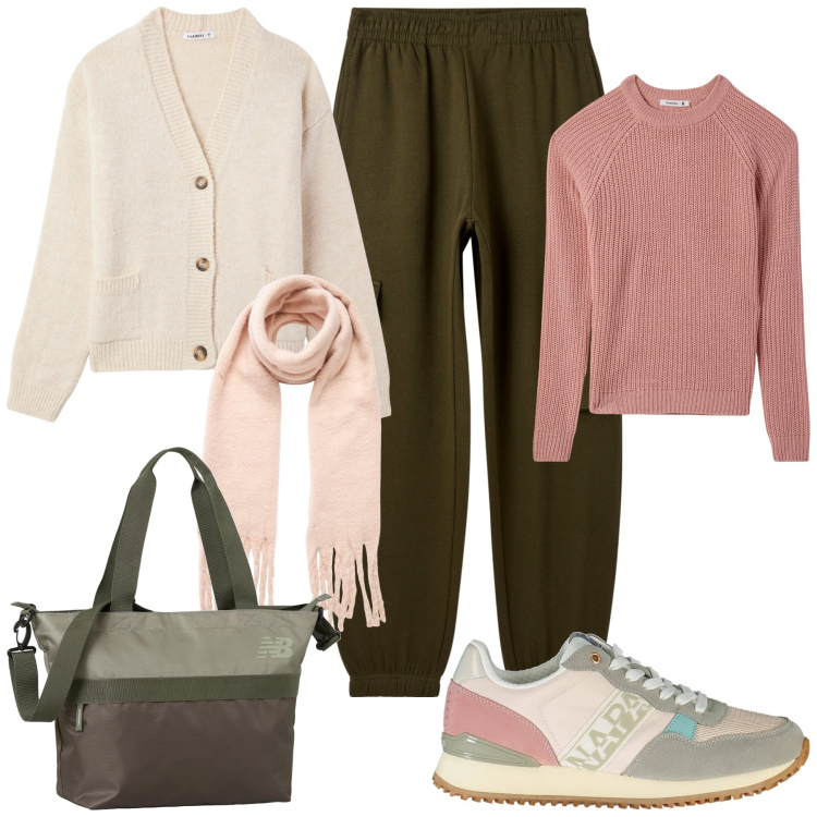 Outfit donna - Sporty chic. Stile Sporty chic per Tutti i giorni. Abbinamento con maglieria, pantaloni cargo, cardigans, sciarpe, borse tote, sneakers.