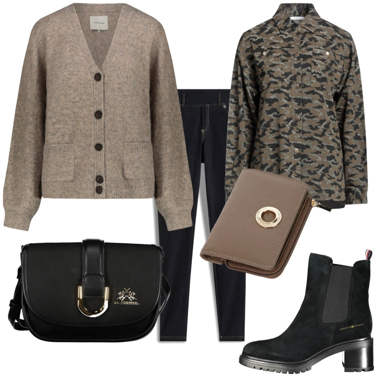 Outfit donna - Total look #2027233. Stile Casual per Tutti i giorni. Abbinamento con jeggings, camicie, portafogli, cardigans, stivaletti, borse a tracolla.