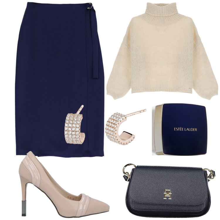 Outfit donna - Eleganza. Stile Chic per Cerimonia. Abbinamento con décolleté, fondotinta, orecchini, maglieria, gonne longuette, borse a tracolla.