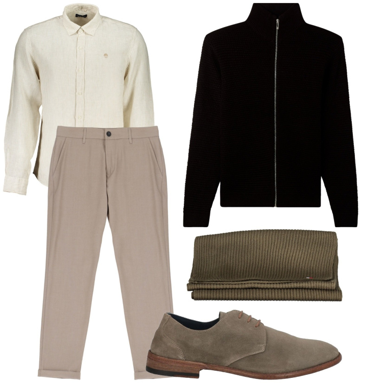 Outfit uomo - Total look #2027236. Stile Trendy per Tutti i giorni. Abbinamento con scarpe stringate, cardigans, pantaloni, sciarpe, camicie.