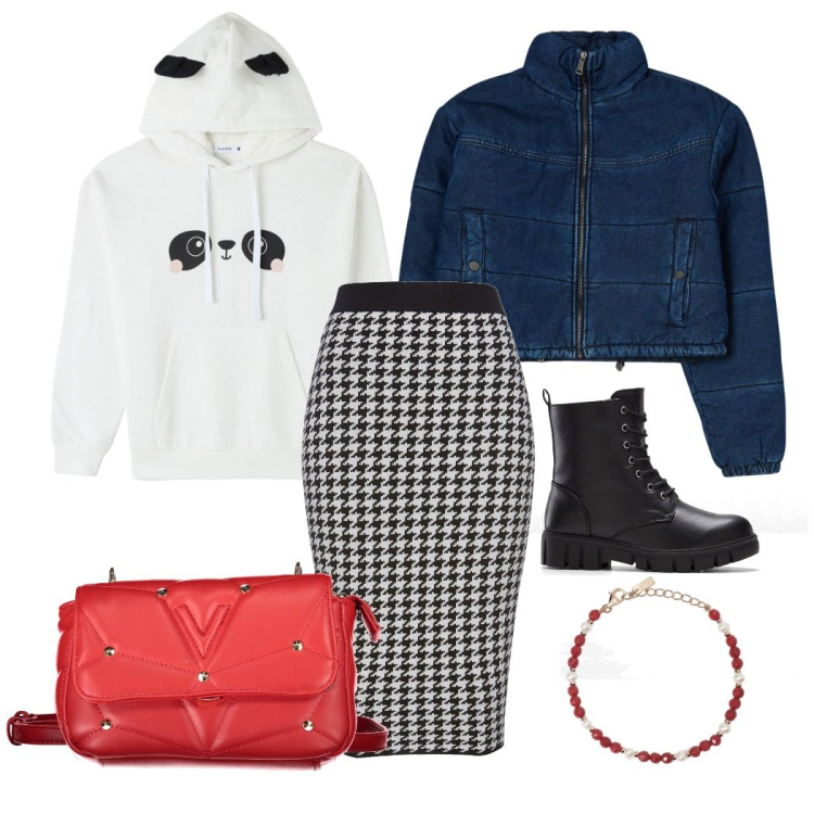 Outfit donna - Non prenderla sul serio, divertiti!. Stile Trendy per Tutti i giorni. Abbinamento con stivaletti, gonne, blazer, felpe con cappuccio, braccialetti, borse a tracolla.