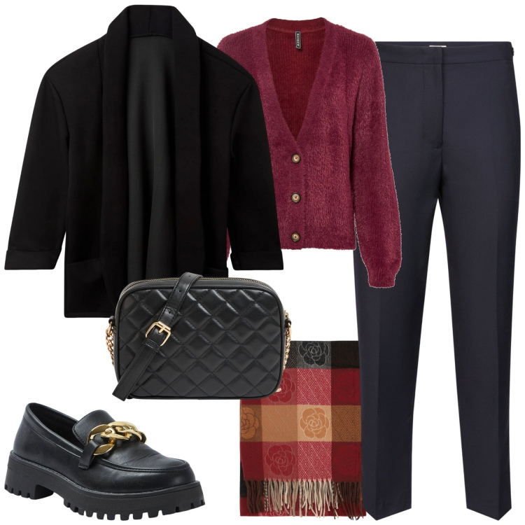 Outfit donna - In ufficio. Stile Urban per Tutti i giorni. Abbinamento con cardigans, blazer, mocassini, borse a tracolla, foulard, pantaloni.