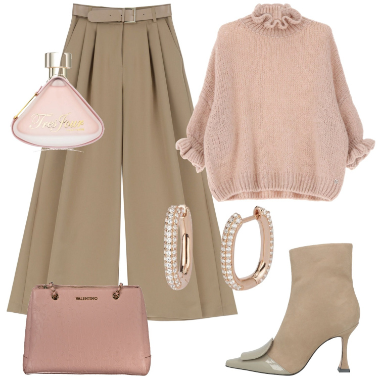 Outfit donna - Brown & pink. Stile Glamour per Serata fuori. Abbinamento con stivaletti, profumi, orecchini, maglieria, pantaloni, borse a spalla.