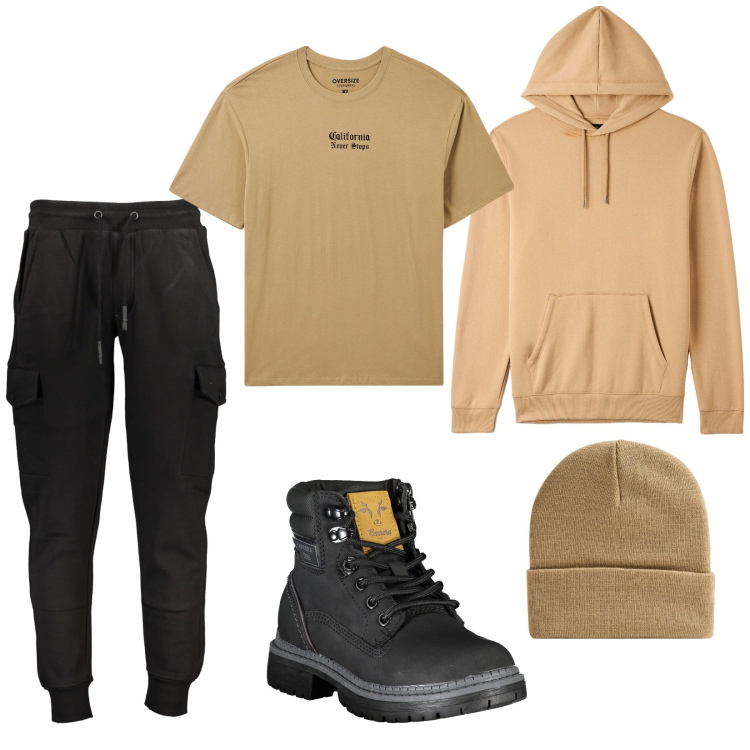 Outfit uomo - Total look #2027241. Stile Casual per Tutti i giorni. Abbinamento con t-shirt, felpe con cappuccio, berretti, pantaloni, stivali.