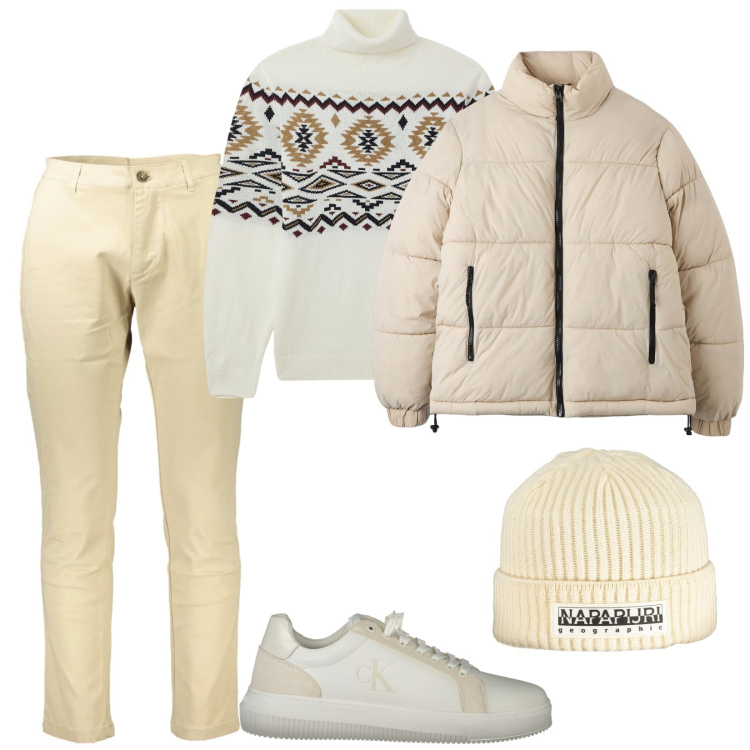 Outfit uomo - Freddo in città. Stile Casual per Tutti i giorni. Abbinamento con maglieria, piumini, pantaloni, berretti, sneakers.