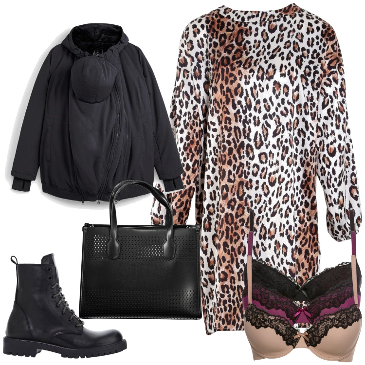 Outfit donna - Sabato al ristorante. Stile Trendy per Tutti i giorni. Abbinamento con reggiseni, piumini, vestiti, stivaletti, pochette.