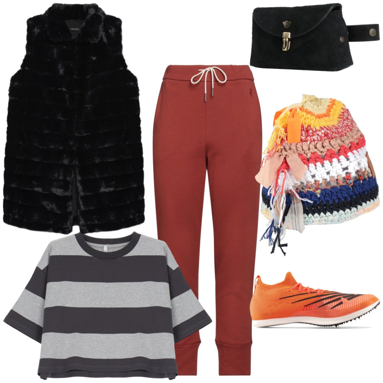 Outfit donna - Originalissimo berrettino. Stile Sporty chic per Tutti i giorni. Abbinamento con pantaloni sportivi, cappelli, marsupi, scarpe sportive, t-shirt, gilet.