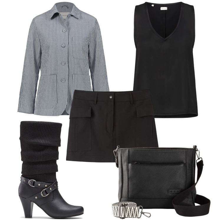 Outfit donna - Total look. Stile Urban per Ufficio. Abbinamento con borse a tracolla, stivali, gonne, top, blazer.
