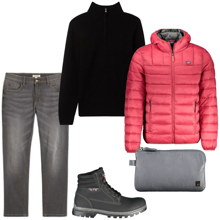 Outfit uomo - Total look #2027251. Stile Casual per Tutti i giorni. Abbinamento con jeans dritti, maglieria, stivali, portafogli, giacche.