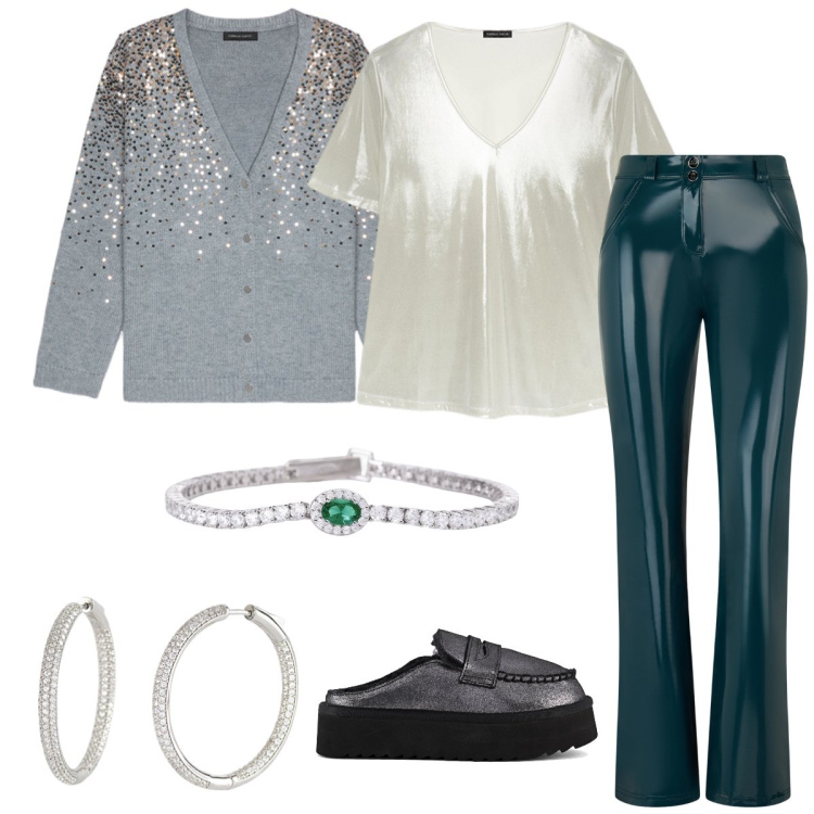 Outfit donna - Total look #2027254. Stile Casual chic per Tutti i giorni. Abbinamento con braccialetti, orecchini, pantaloni, mocassini, cardigans, t-shirt.