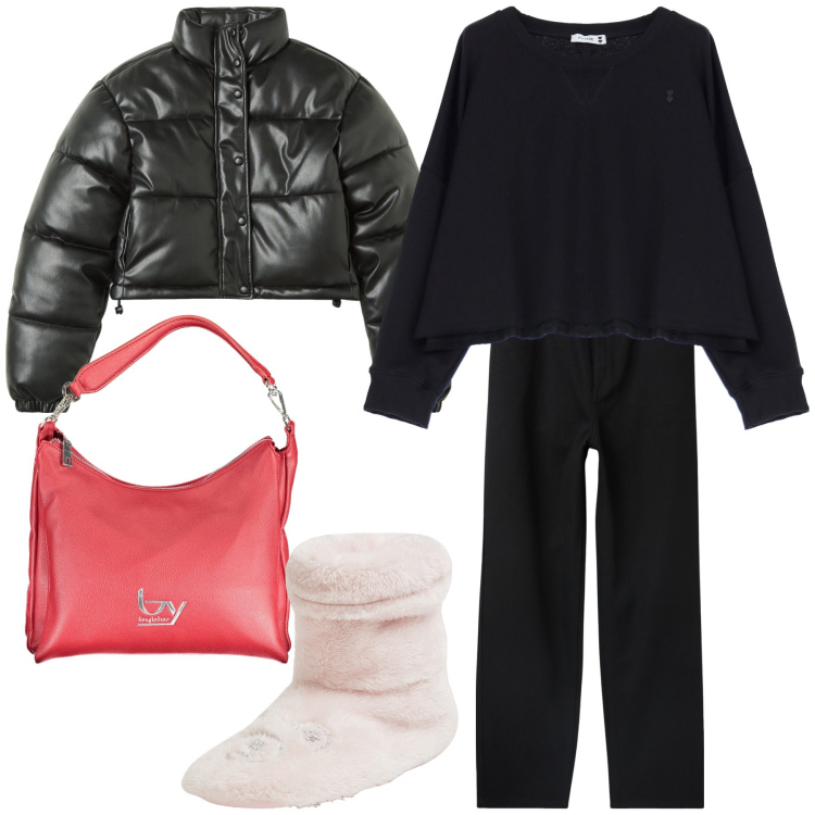 Outfit donna - Caldo total look. Stile Casual chic per Tutti i giorni. Abbinamento con pantofole, shorts, blazer, felpe, borse a spalla.