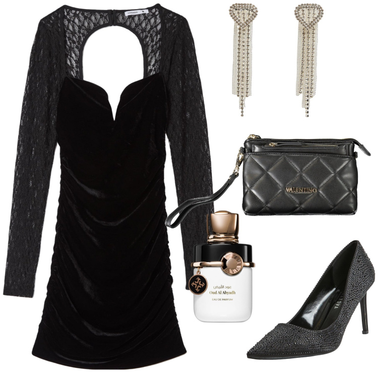 Outfit donna - Serata corta. Stile Chic per Serata fuori. Abbinamento con profumi, vestiti, décolleté, orecchini, pochette.