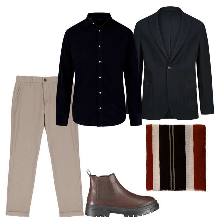 Outfit uomo - Appuntamento con lei. Stile Trendy per Serata speciale. Abbinamento con pantaloni, sciarpe e foulard, camicie, giacche, stivali.
