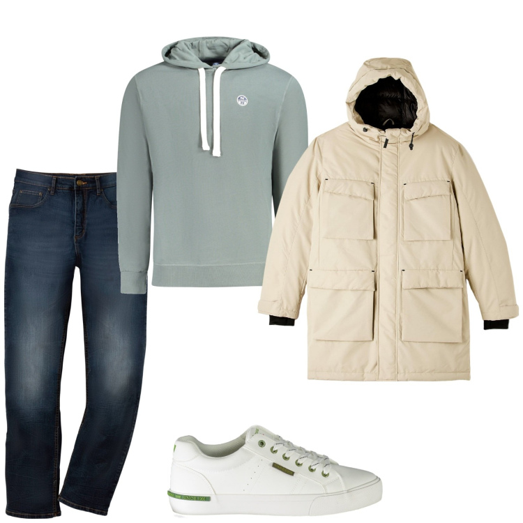 Outfit uomo - Jeans e felpa. Stile Casual per Tutti i giorni. Abbinamento con jeans dritti, parka, felpe con cappuccio, sneakers.