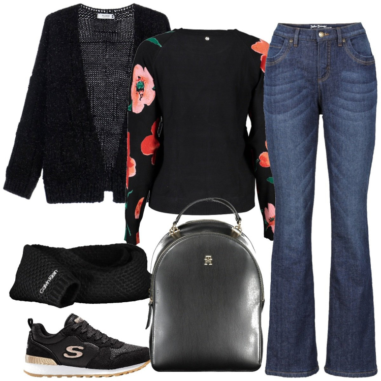 Outfit donna - Sporty-chic tutti i giorni. Stile Sporty chic per Tutti i giorni. Abbinamento con jeans bootcut, sneakers, cardigans, maglieria, sciarpe, zaini.