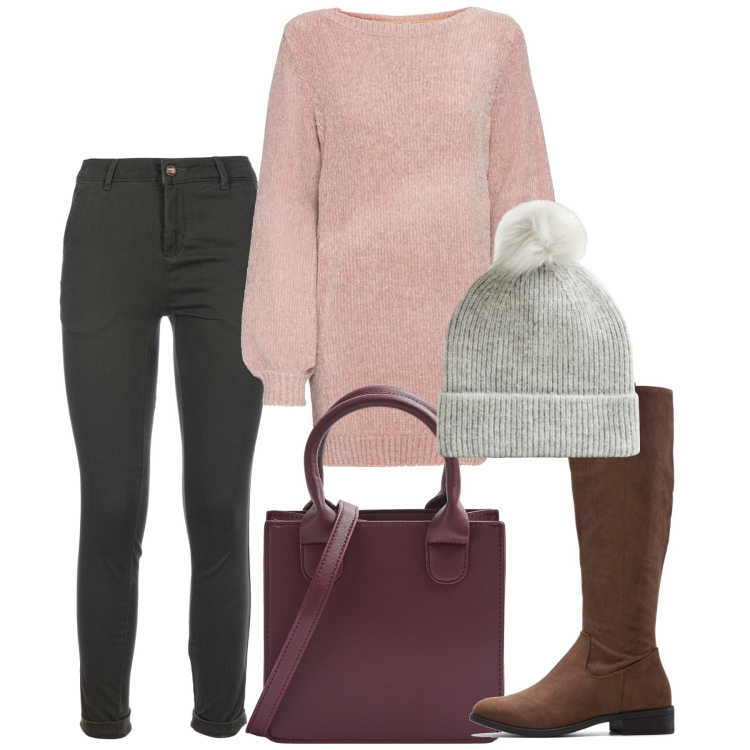 Outfit donna - Stivali e via. Stile Bon Ton per Tutti i giorni. Abbinamento con maglieria, stivali, shopping bag, berretti, pantaloni.
