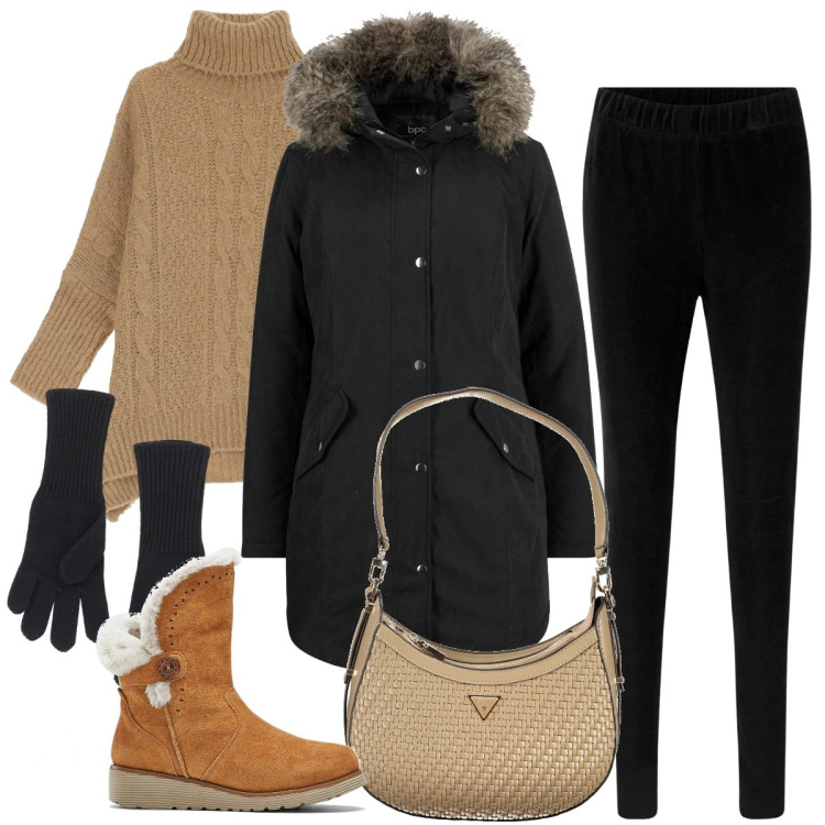 Outfit donna - I leggings in velluto. Stile Casual chic per Tutti i giorni. Abbinamento con parka, leggings, stivali, maglieria, guanti, borse a spalla.