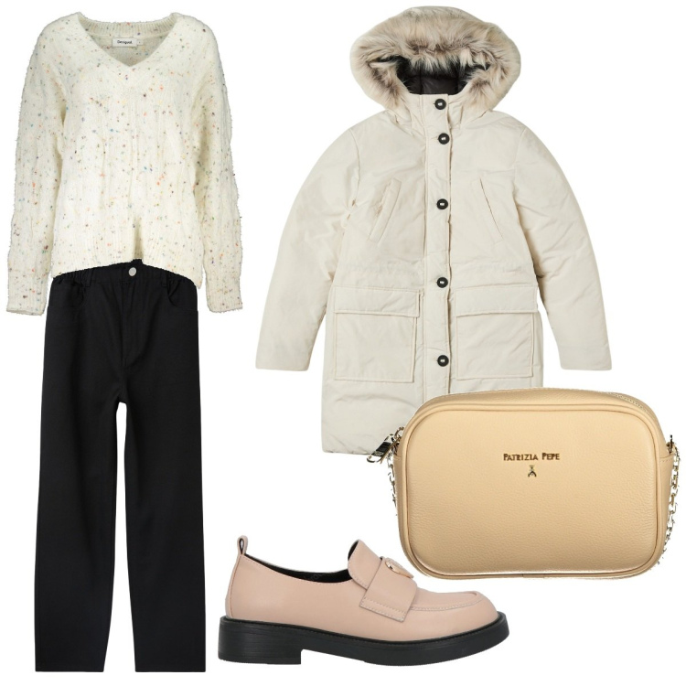 Outfit donna - Tempo Libero. Stile Casual chic per Tutti i giorni. Abbinamento con mocassini, parka, shorts, maglieria, borse a tracolla.